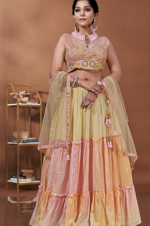 Premium Designer Chinom Fabric Multicolour Lehenga with Heavy Blouse Work